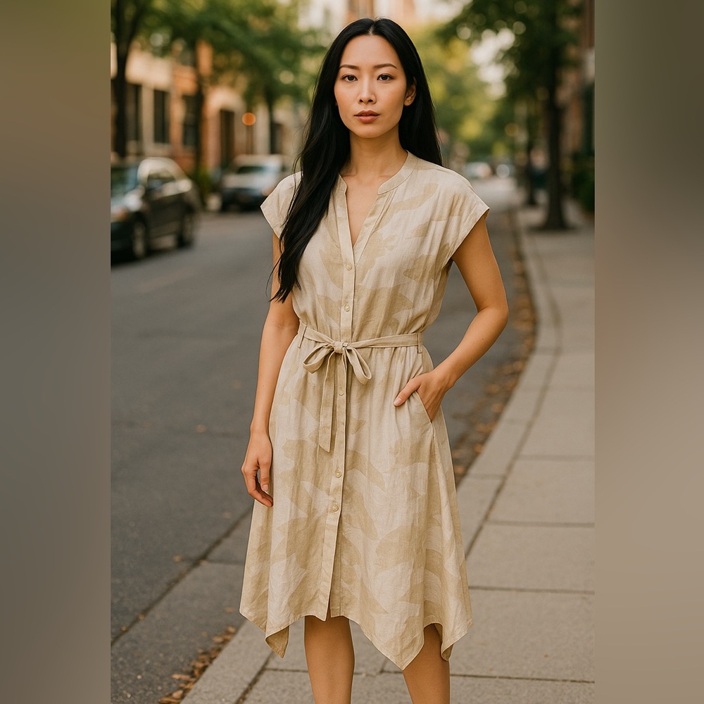 Dkny Beige Patterned Midi Shirt Dress size 14